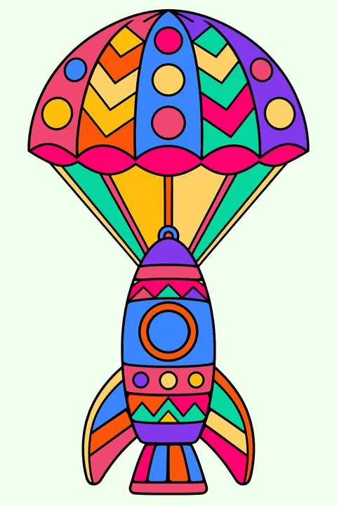 Rocket with a parachute landing coloring page