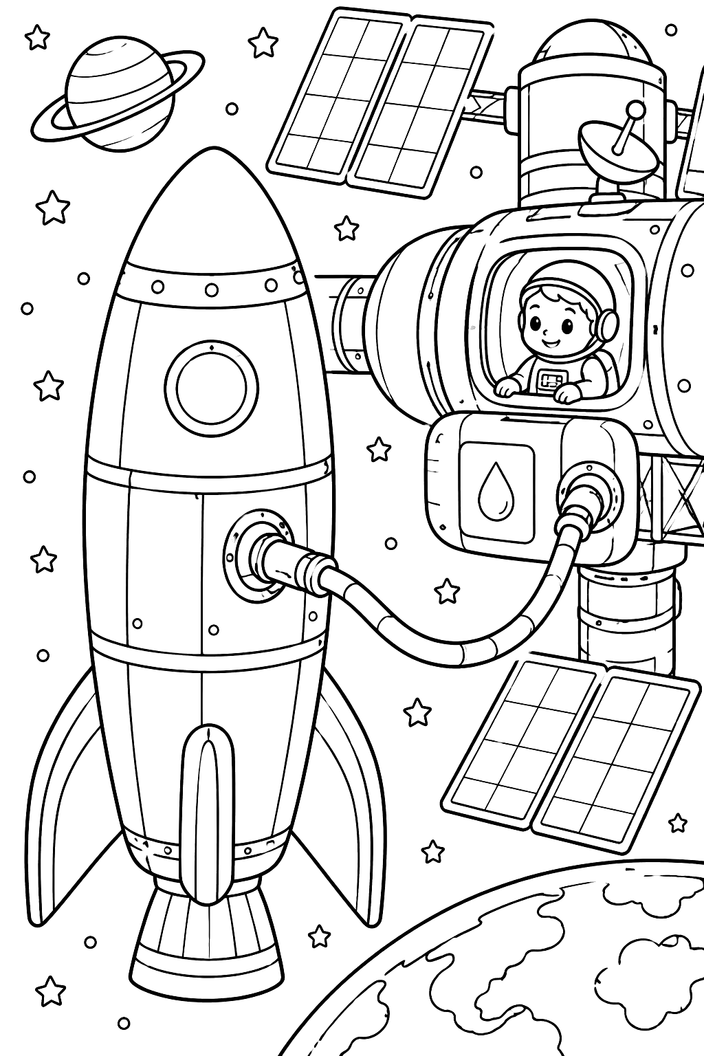 Rocket refueling at a space station coloring page