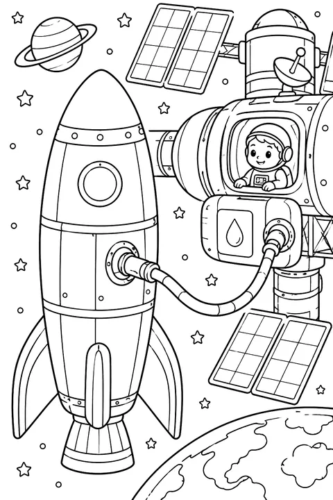 Rocket refueling at a space station coloring page