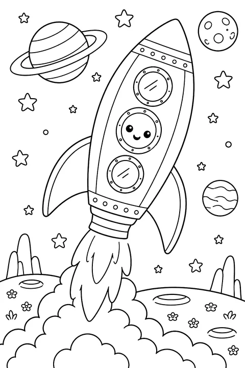 Rocket ship with fins and round windows coloring page