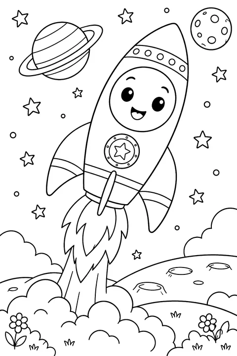 Rocket with a smiling face coloring page