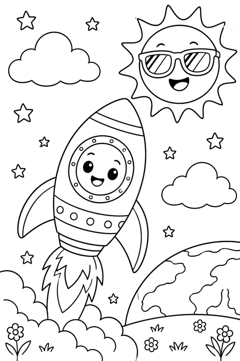 Rocket and the sun with sunglasses coloring page