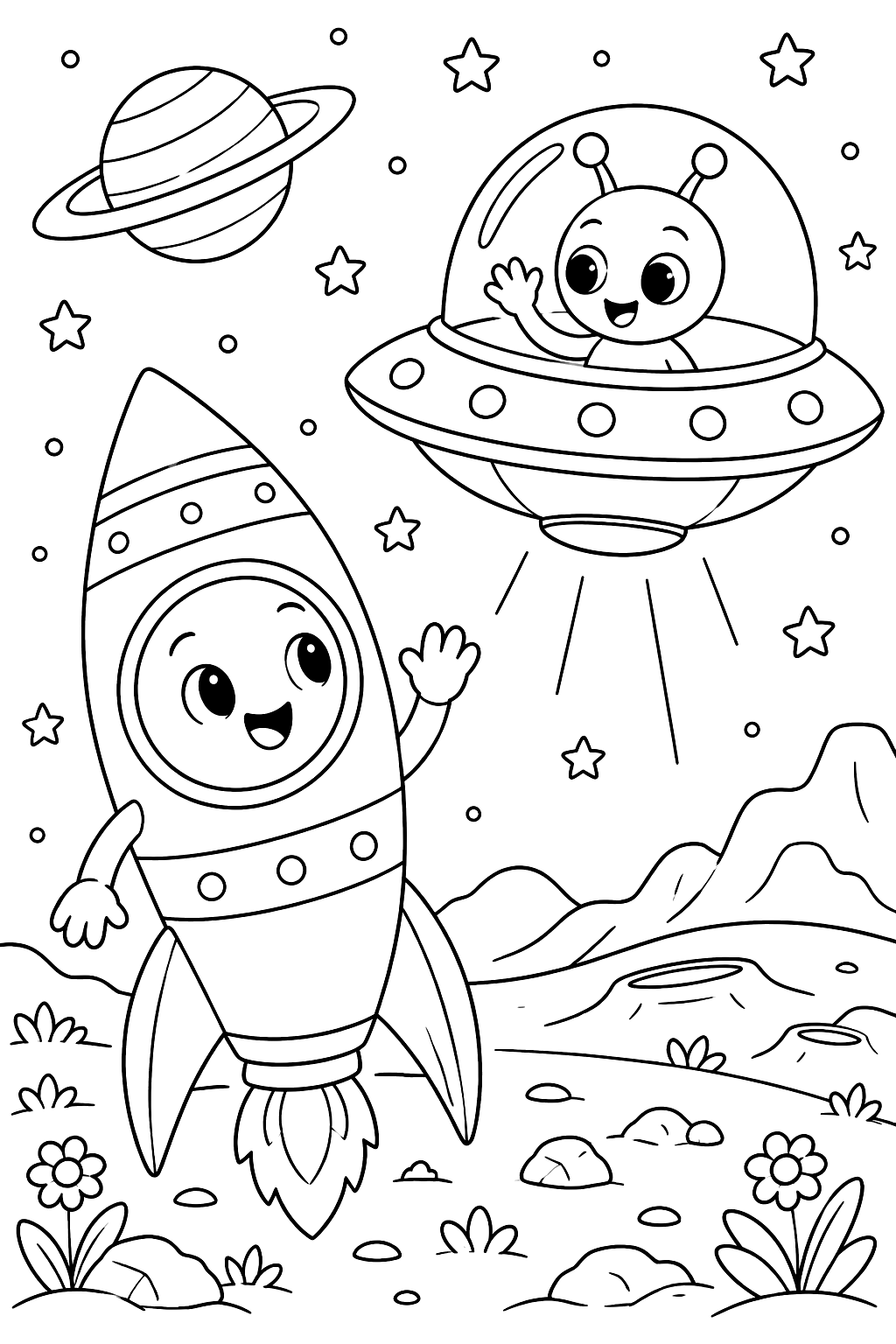 Rocket and a UFO saying hello coloring page