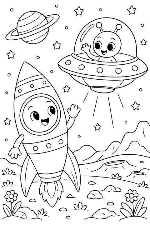 Rocket and a UFO saying hello coloring page