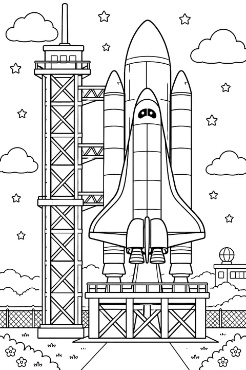 Space shuttle on a launch tower coloring page