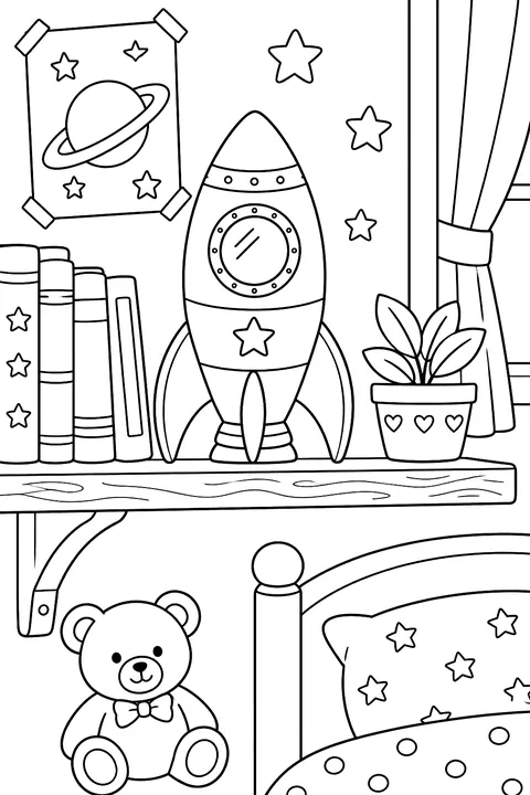 Toy rocket on a bedroom shelf coloring page