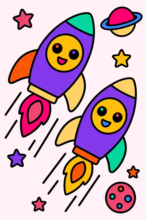 Two rockets racing through space coloring page