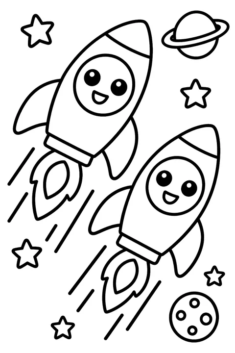 Two rockets racing through space coloring page