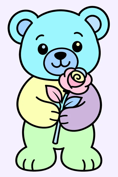 a teddy bear holding a rose coloring page