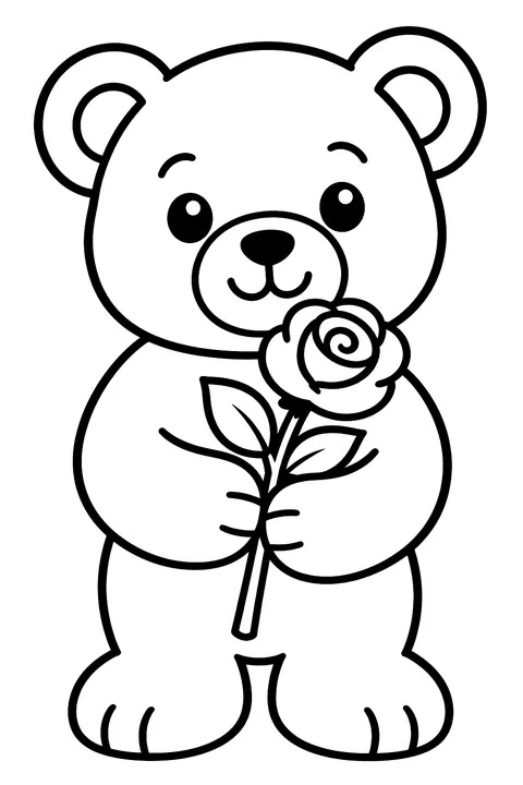 a teddy bear holding a rose coloring page