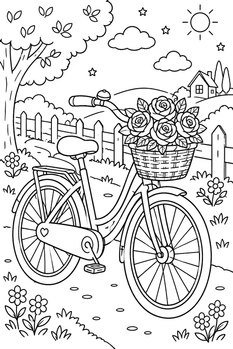 a bicycle with roses in its basket coloring page