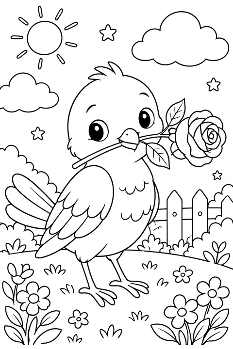 a bird holding a rose stem coloring page
