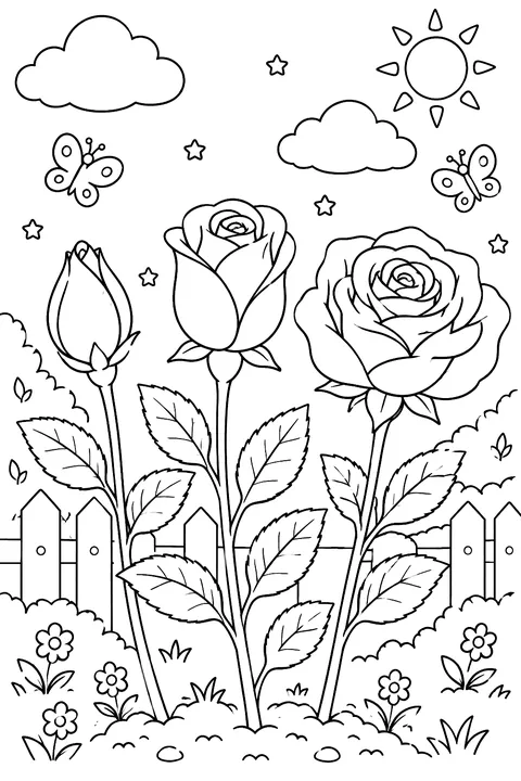 three roses opening from bud to bloom coloring page