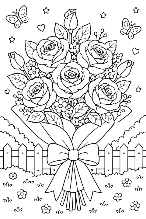 a bouquet of roses tied with a ribbon coloring page