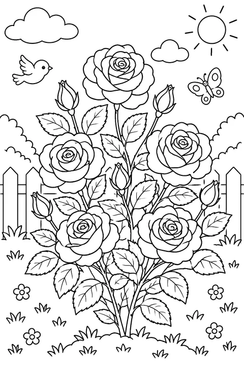a blooming rose bush coloring page