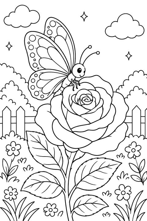 a butterfly landing on a rose coloring page