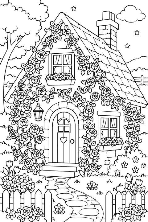 a cottage covered in climbing roses coloring page