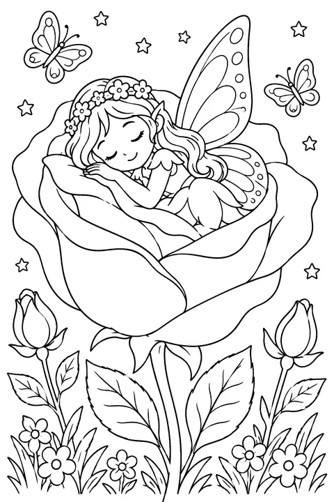 a fairy sleeping in a rose coloring page
