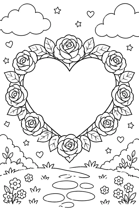 a heart with roses around its edge coloring page