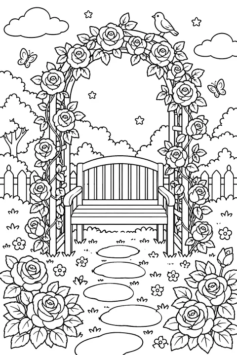 a rose garden with an arch and a bench coloring page