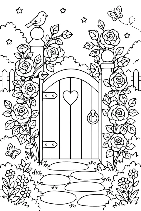 a garden gate with roses coloring page