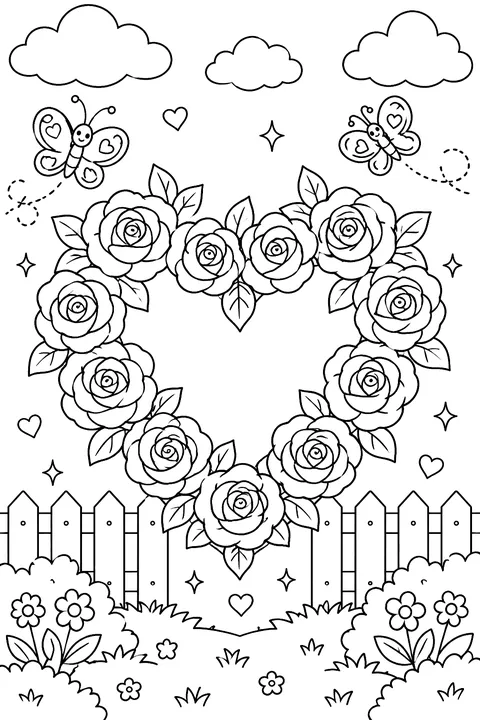 roses arranged in a heart shape coloring page