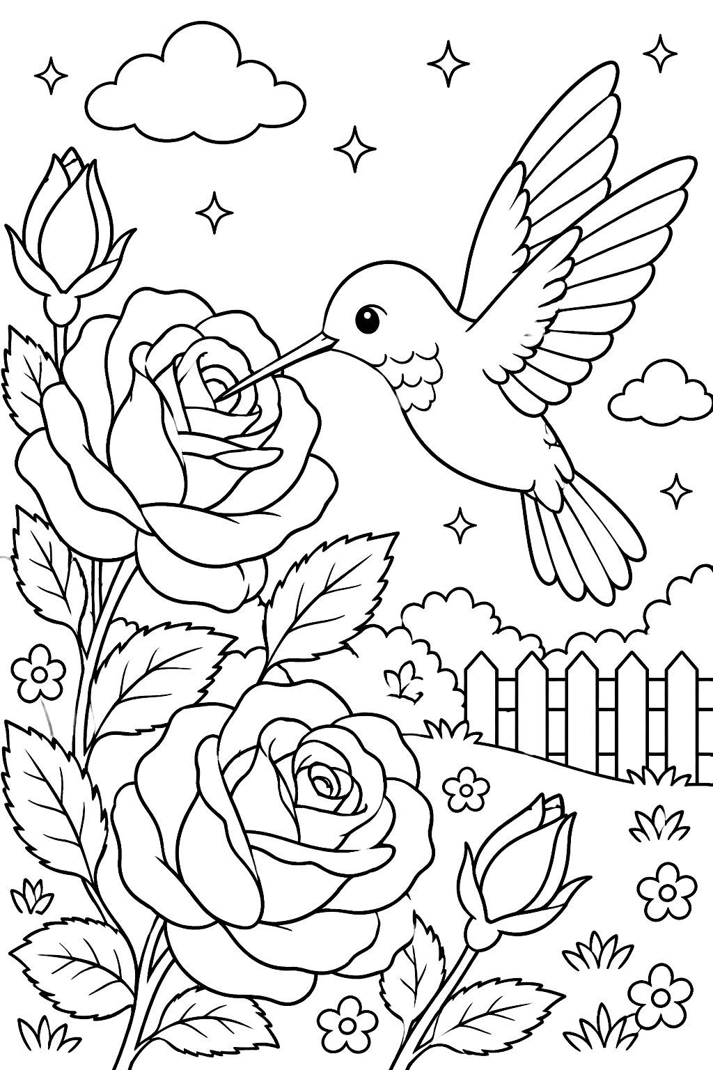 a hummingbird near roses coloring page