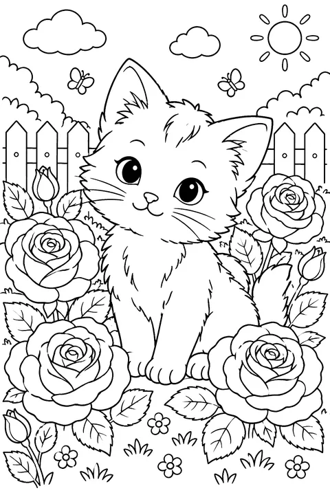 a kitten among roses coloring page