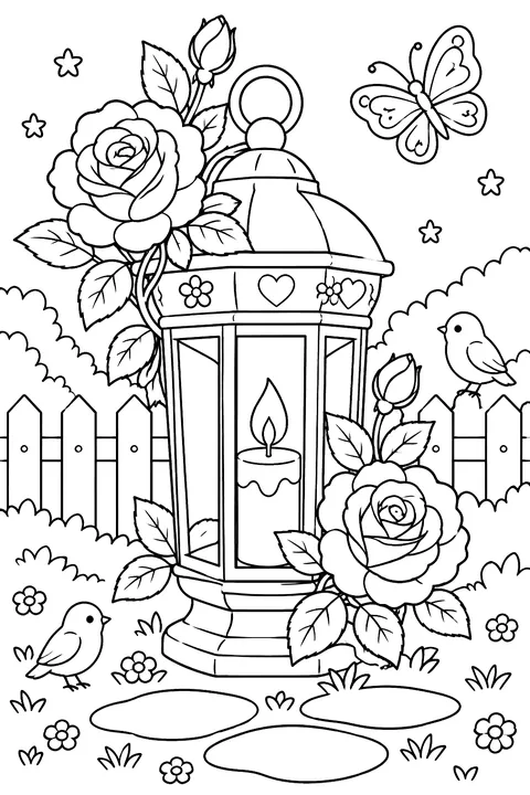 a garden lantern with roses coloring page
