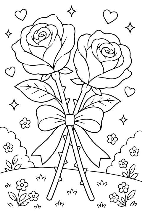 two roses crossed with a ribbon coloring page