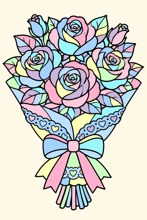 a bouquet of roses tied with lace and ribbon coloring page