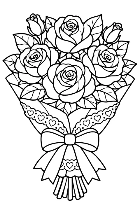 a bouquet of roses tied with lace and ribbon coloring page