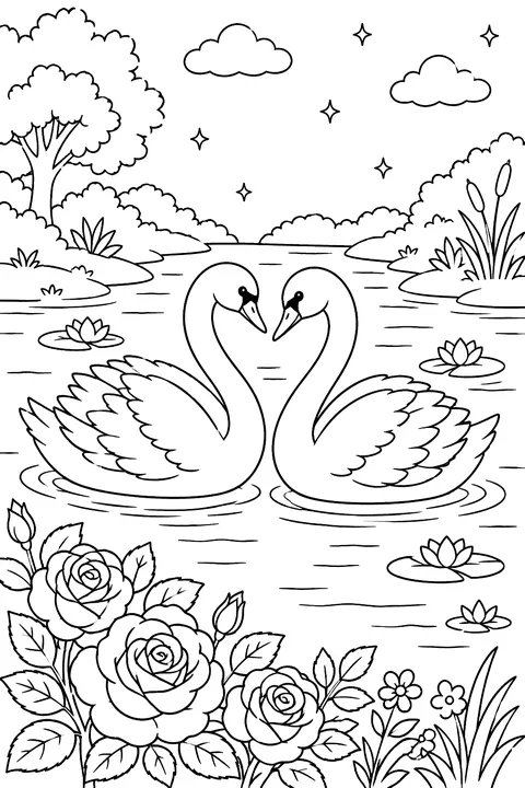 swans on a pond with roses on the shore coloring page
