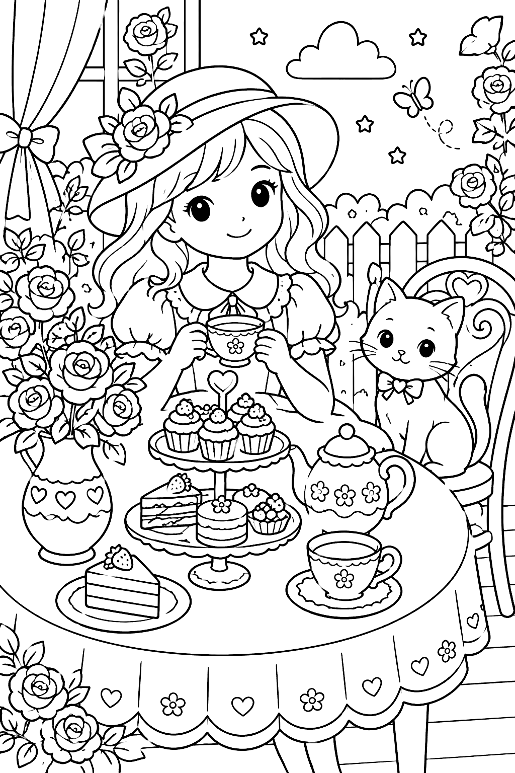 a tea table with roses and cakes coloring page