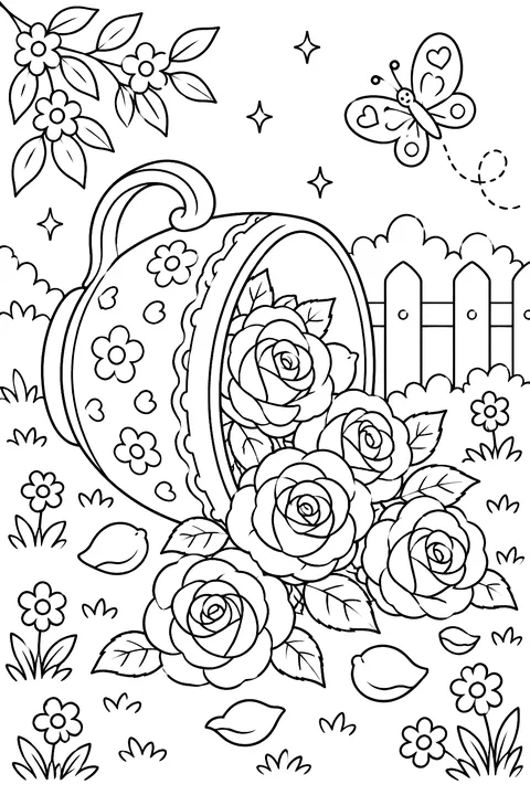 roses spilling from a teacup coloring page