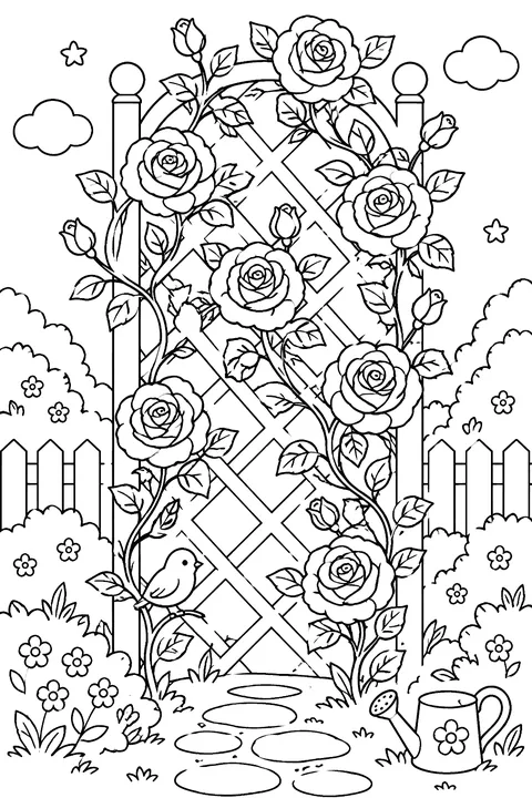 climbing roses on a trellis coloring page