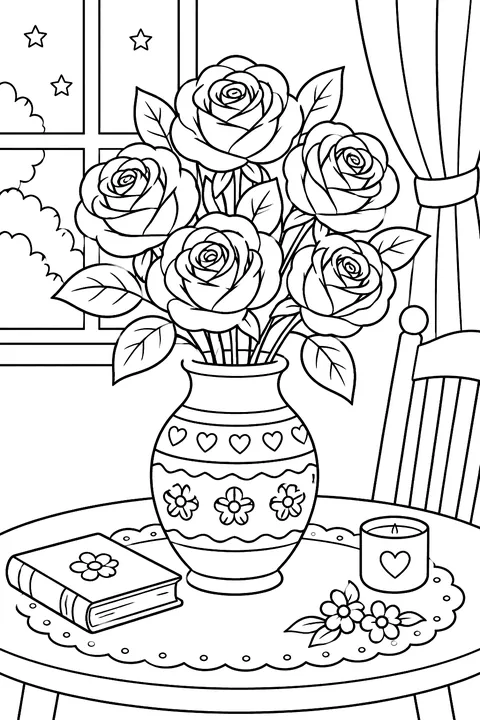roses in a vase on a table coloring page
