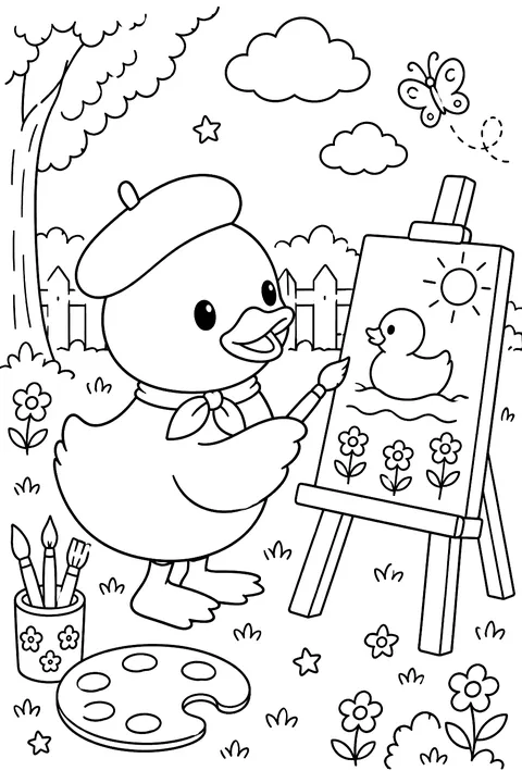 a rubber duck painting at an easel coloring page
