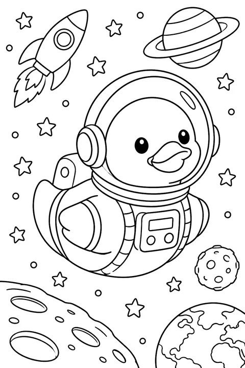 a rubber duck astronaut floating in space coloring page