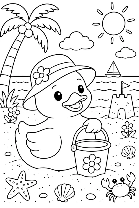 a rubber duck at the beach with a pail coloring page