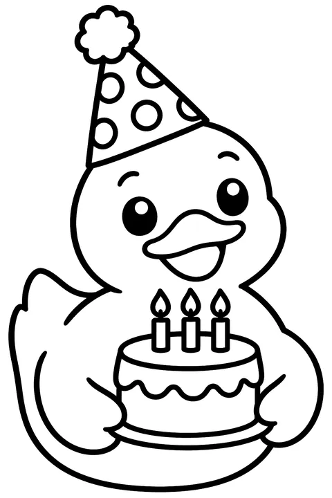 a rubber duck with a party hat and cake coloring page