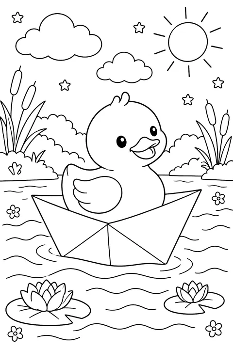 a rubber duck on a paper boat coloring page