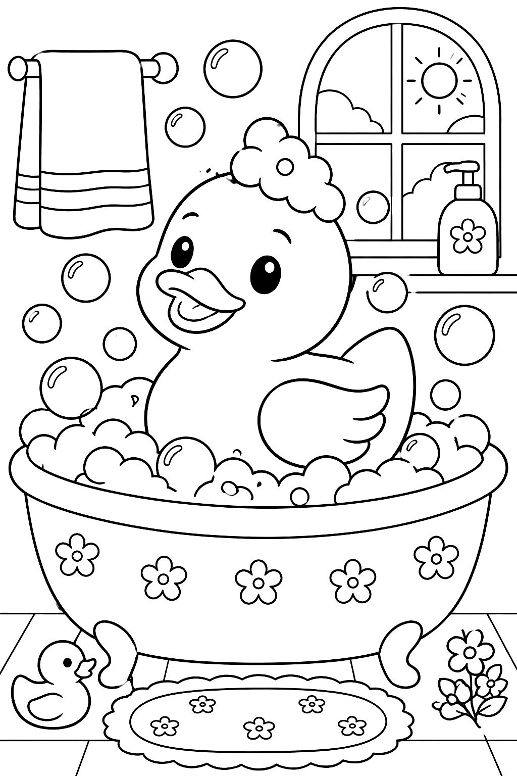 a rubber duck with soap bubbles coloring page