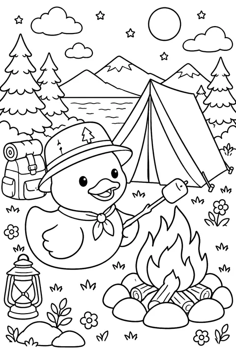 a rubber duck camping with a tent coloring page