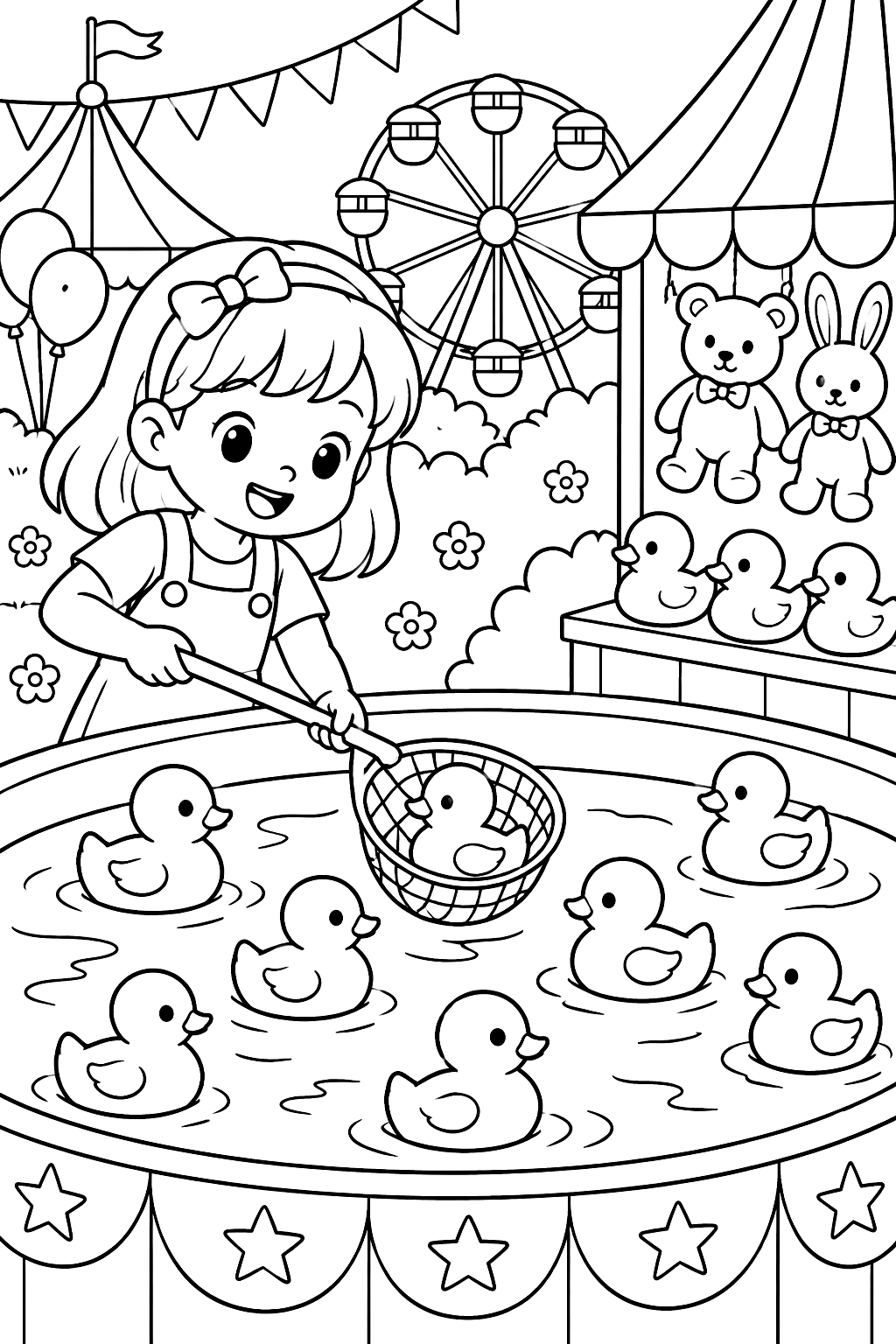 rubber ducks at a fair duck pond game coloring page