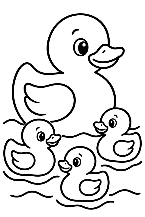 a big rubber duck and three little ducks floating in water coloring page
