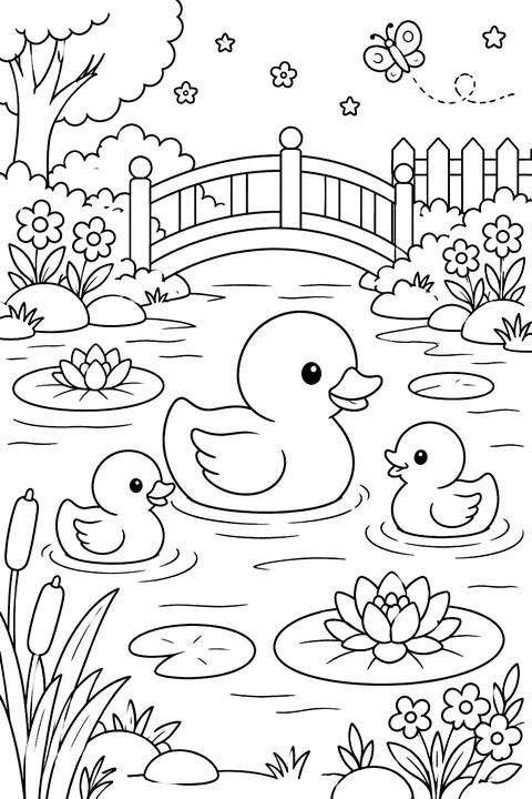rubber ducks in a garden pond coloring page