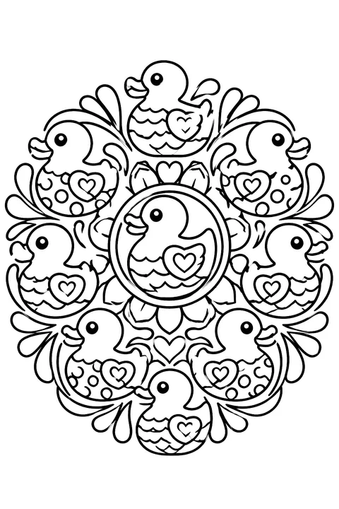 a mandala of rubber ducks coloring page