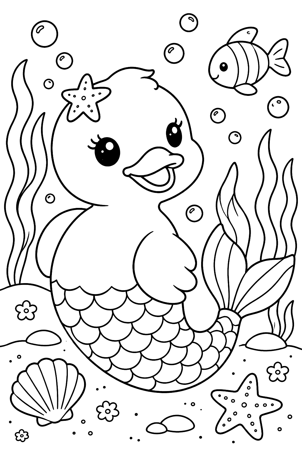 a rubber duck with a mermaid tail coloring page