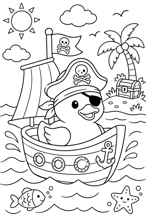 a rubber duck pirate with a hat on a toy boat coloring page